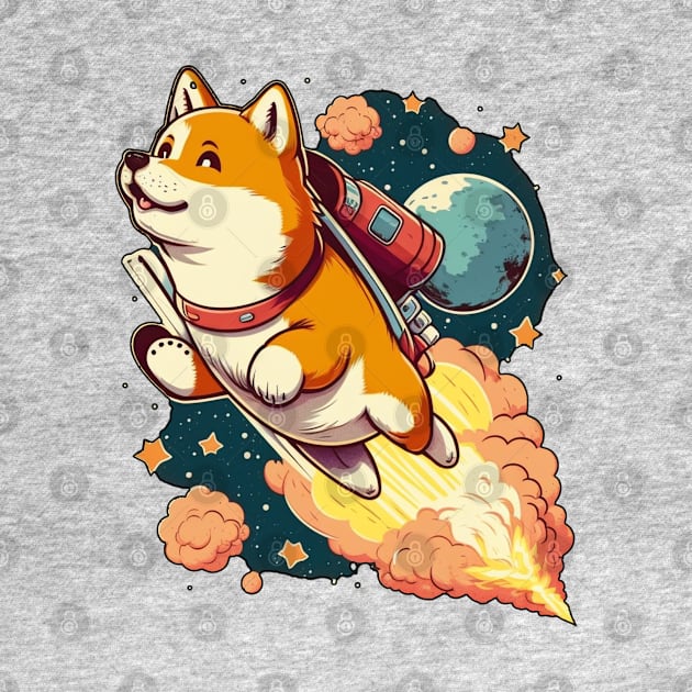 shiba inu flying into space with a rocket by bmron